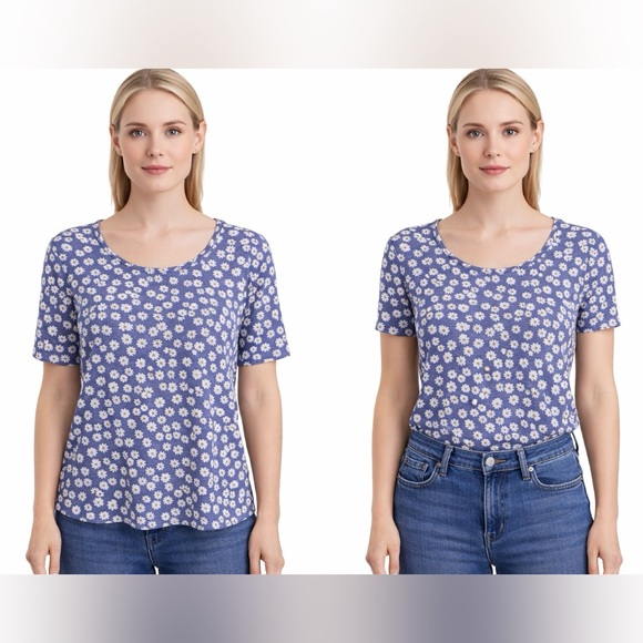 J. Jill Tops - J. Jill Blue Pima Cotton Scoop Neck Tee with White Florals Short Sleeve